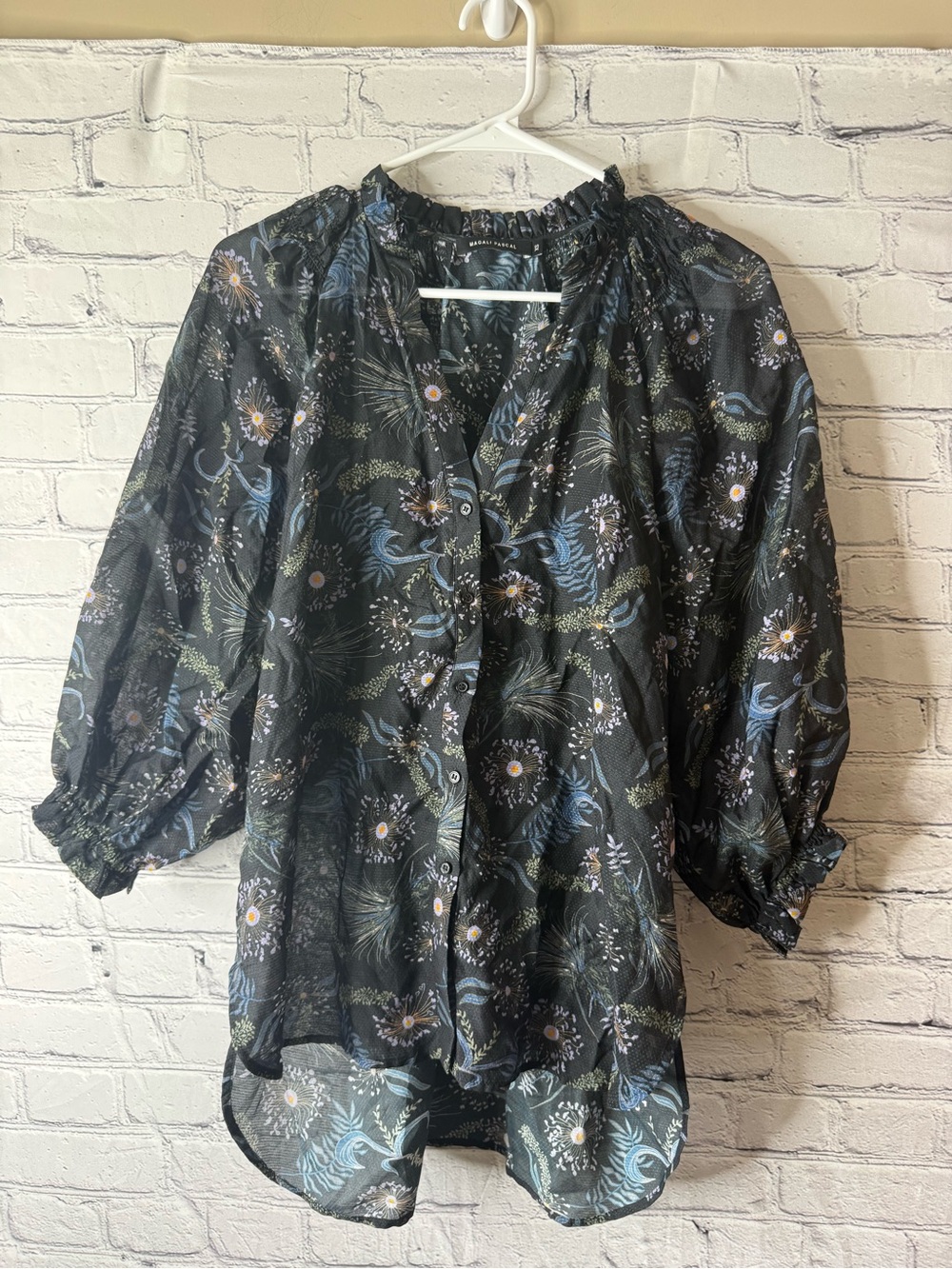 Magali pascal Sheer dark Floral Button-Front Blouse  XS